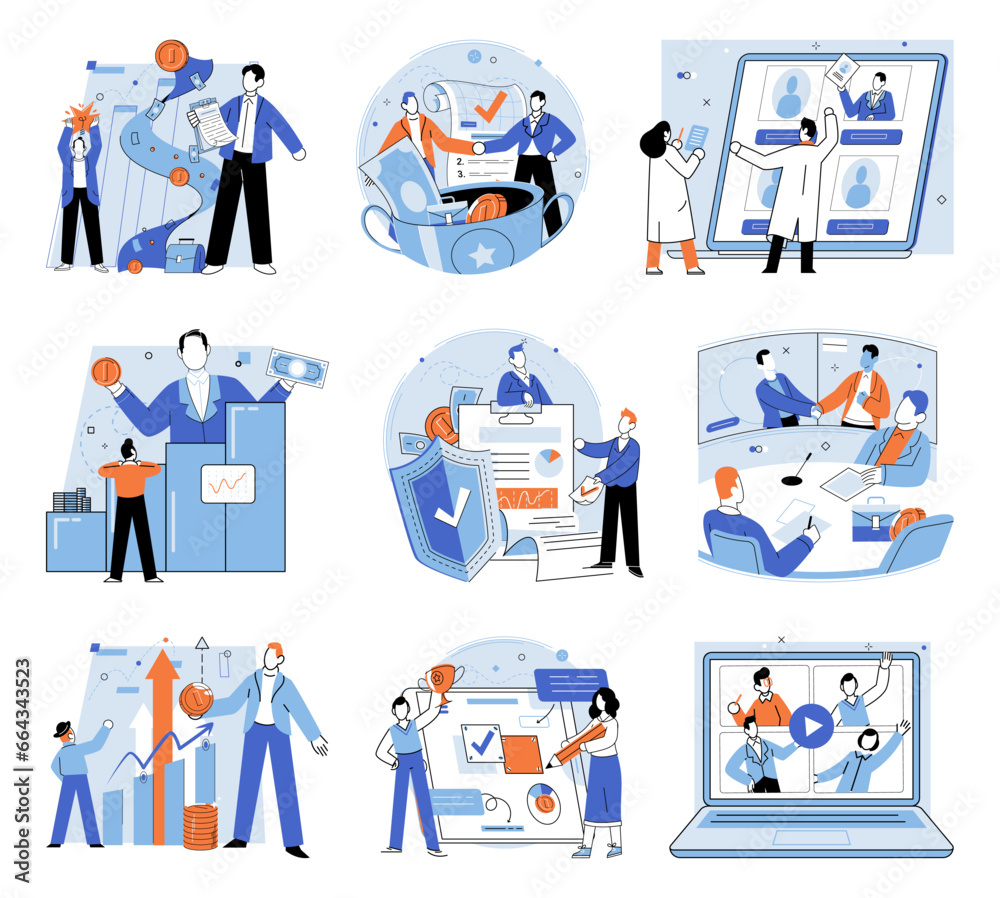Fototapeta premium Business deal. Vector illustration. Finance plays critical role in business operations and growth Contracts ensure terms agreement are legally binding Jobs provide opportunities for individuals
