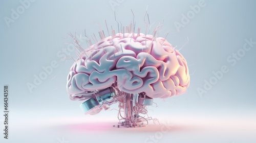 3d rendering vizualization of pink electronic bionic cyborg electronic brain in pastel colors on light neutral technology background photo
