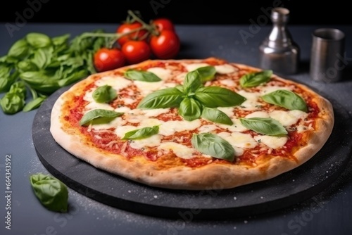 freshly baked pizza with basil leaves on a round stone surface