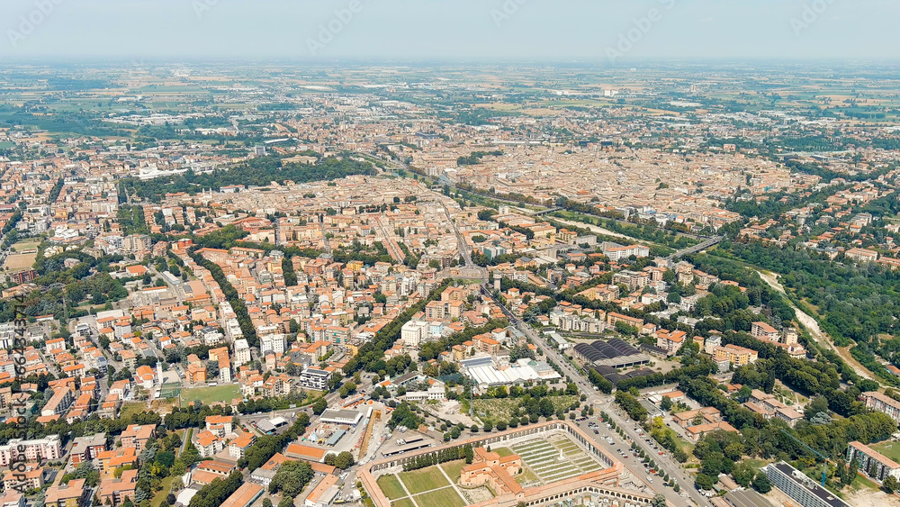 Parma, Italy. The historical center of Parma. Piazzale Tomaso Barbieri - City Square. Panorama of the city from the air. Summer day, Aerial View