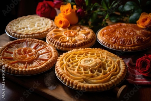 several homemade pies with decorative crusts