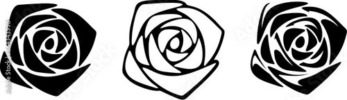 Rose flowers. Black silhouettes of roses isolated on a white background. Set of vector black and white illustrations