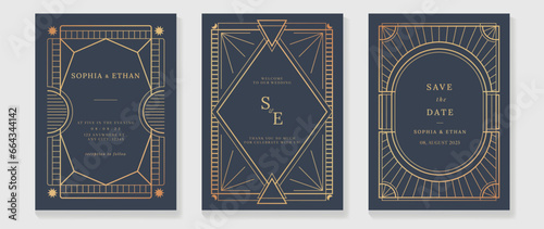 Luxury invitation card background vector. Elegant classic antique design, gold lines gradient, moon on dark blue background. Premium design illustration for gala card, grand opening, art deco.