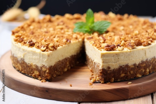 close-up of a raw vegan carrot cake on a wooden plate