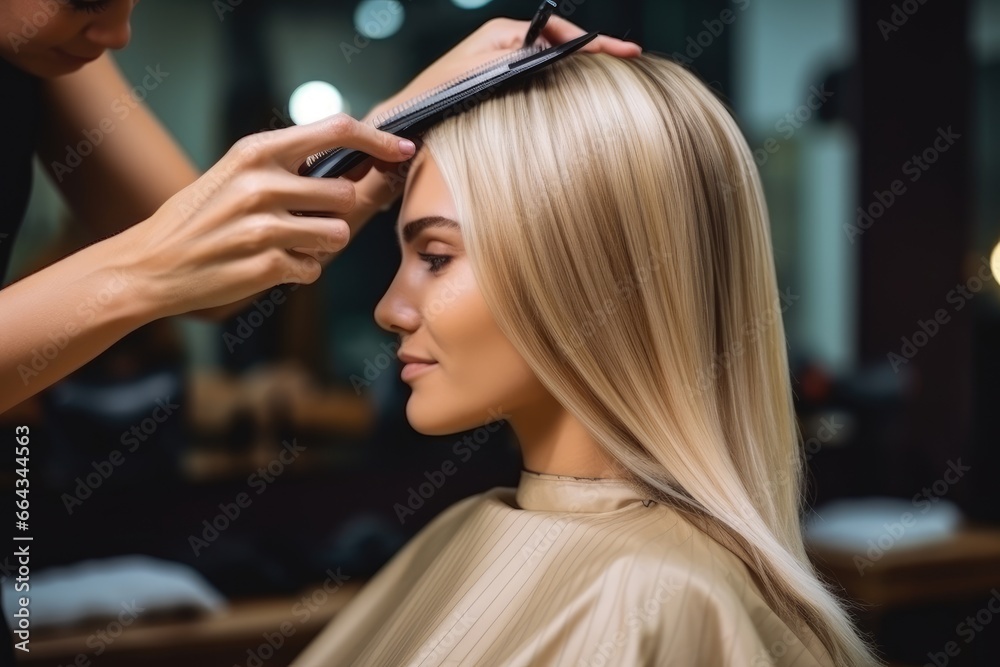 Fototapeta premium Female hairdresser stylish doing hair dyeing to long hair customer in the hair salon.