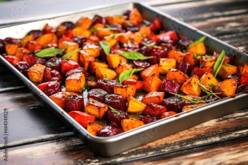 roasted beets and carrots side dish on a rectangle aluminum tray