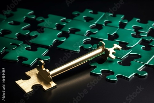 metallic key and puzzle in emerald color. Generative AI