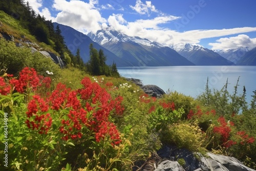 Scenic landscape of lake, flowers, and snow-capped mountains. Generative AI © Melisende
