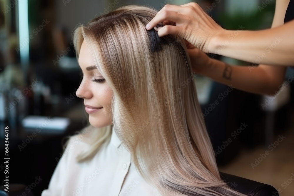 Female hairdresser stylish doing hair dyeing to long hair customer in the hair salon. Female hairdresser stylish doing hair dyeing to long hair customer in the hair salon.