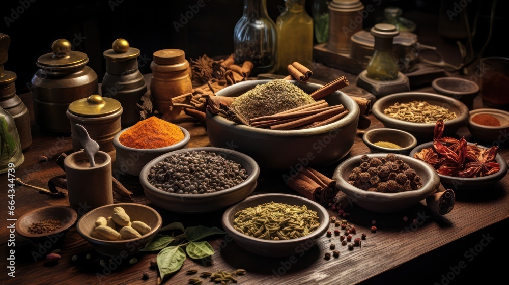 Ayurveda spices and herbs still life in bowls. Natural remedy concept.