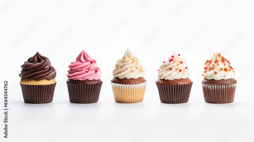 Beautifully decorated cupcakes set against a white background. shoot upward