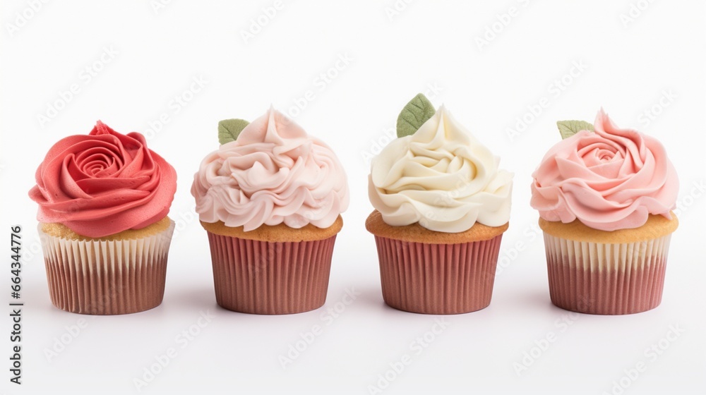 Beautifully decorated cupcakes set against a white background. shoot upward