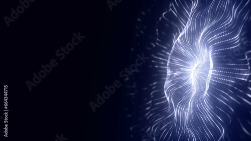 Abstract music sound wave. Dark cyberspace with moving particles. Futuristic circle wave with digital database. Big data analytics. 3d rendering.