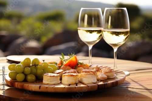 pinot noir glasses sitting near wild rice platter photo