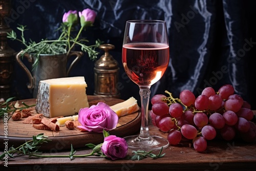 rose wine with cheese and grapes