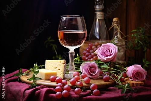 rose wine with cheese and grapes © altitudevisual
