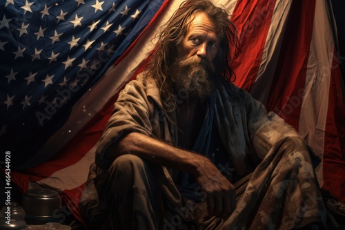 homeless person in the street sitting in blanket of American flag colors. Homeless people crisis in USA.