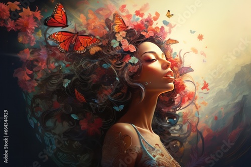 Fantasy portrait of a woman with butterflies in her hair and warm sunlight. Hairdresser or beauty salon poster.