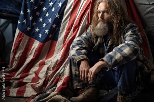 homeless person in the street sitting in blanket of American flag colors. Homeless people crisis in USA.