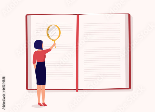 Back View Of One Woman Reading The Book With Magnifying Glass. Full Length. Flat Design.