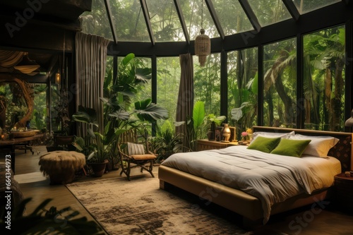 eco boho style interior hotel room in the jungle. Chalet in tropics.