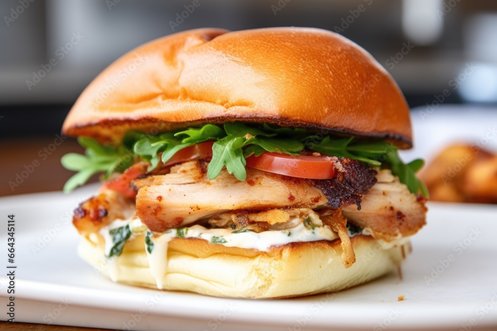 up-close shot of a fresh chicken sandwich on a sourdough bun up-close shot of a fresh chicken sandwich on a sourdough bun