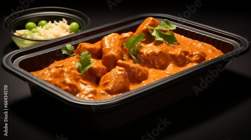 Butter chicken curry meal delivered to your house in a black plastic container