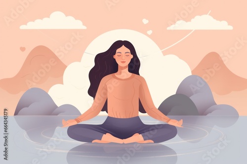 woman doing yoga in lotus position in the clouds neutral pastel colors. Meditation and mental health awareness. Mindfulness practice