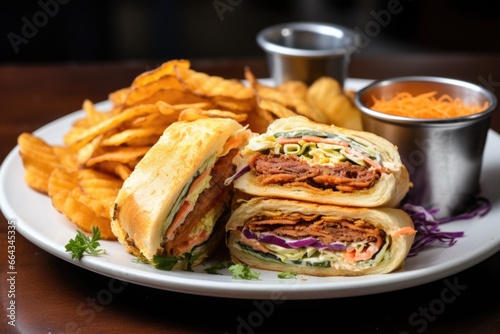 sandwich with coleslaw, onion rings on a plate