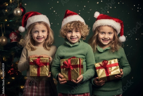 Funny kids with gift boxes at Christmas prepare. Small seasonal festive present. Generate Ai