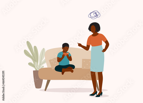 Angry Black Mother Scolding Her Son For Spending Too Much Time On His Handphone. Digital Native. Video Game. Full Length. Flat Design.