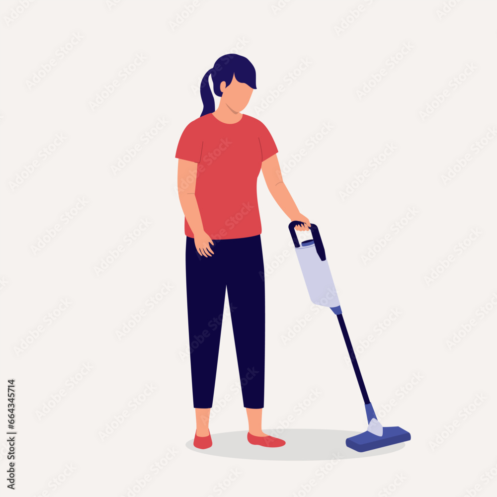 One Woman Using A Cordless Vacuum Cleaner. Full Length. Flat Design. One Woman Using A Cordless Vacuum Cleaner. Full Length. Flat Design.