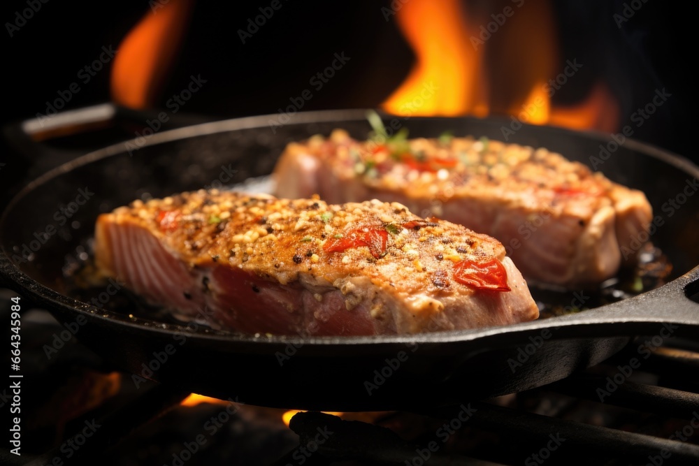 sizzling tuna steak on a cast iron pan
