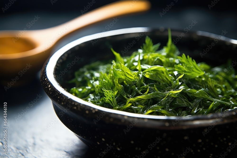 close-up of a vibrant green seaweed salad in a matte black bowl close-up of a vibrant green seaweed salad in a matte black bowl
