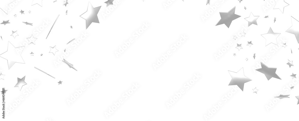 Holiday backdrop made of silver stars and sparkles on white wooden background. New Year concept.