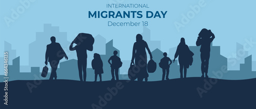 International migrant day.Horizontal banner with migrant silhouettes.Vector illustration.