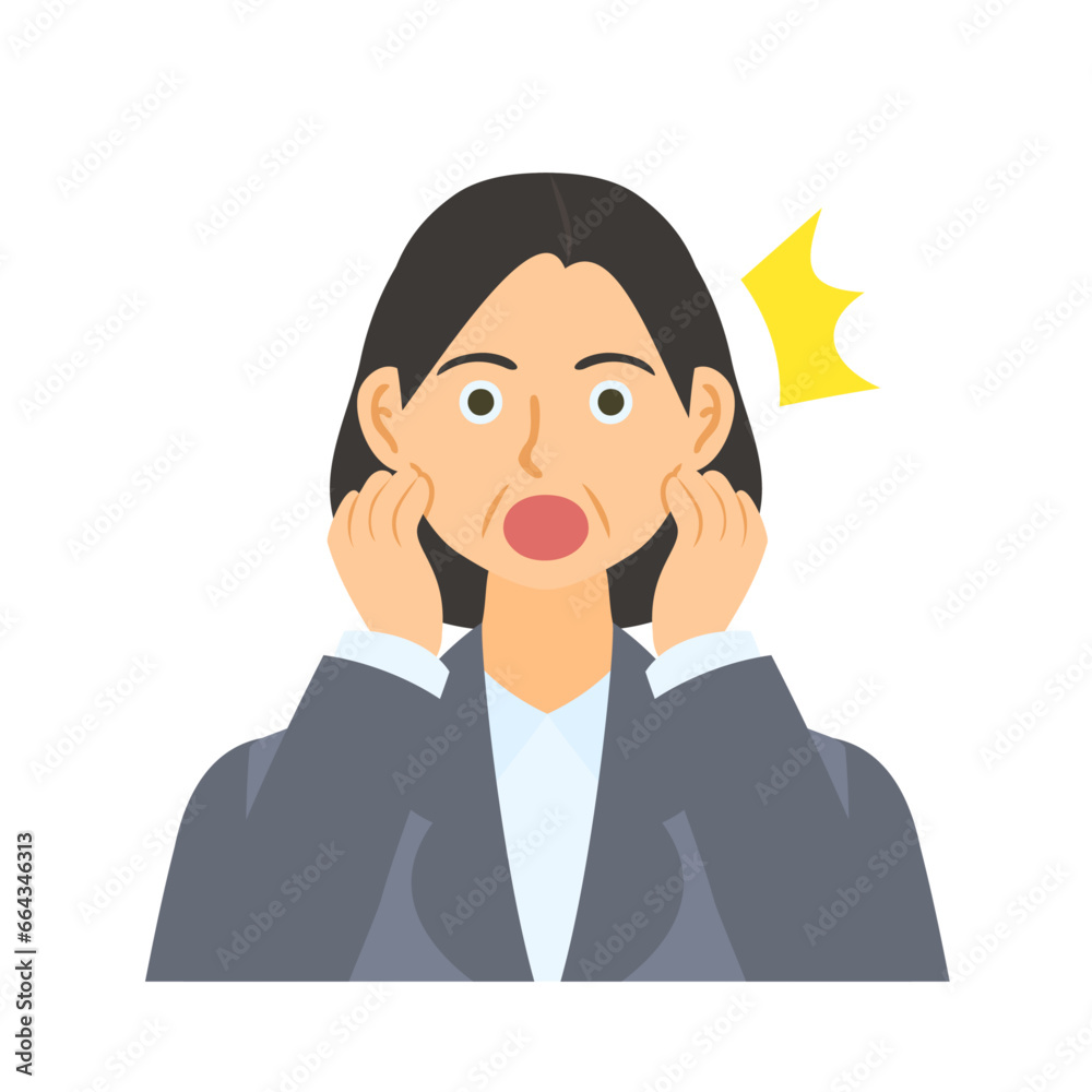 両手をあげて驚く中年女性会社員。フラットなベクターイラスト。A middle-aged female office worker raising both hands in surprise. Flat designed vector illustration. 両手をあげて驚く中年女性会社員。フラットなベクターイラスト。A middle-aged female office worker raising both hands in surprise. Flat designed vector illustration.