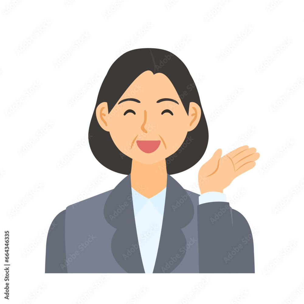 案内する中年女性会社員。フラットなベクターイラスト。 A middle-aged female office worker guiding. Flat designed vector illustration. 案内する中年女性会社員。フラットなベクターイラスト。 A middle-aged female office worker guiding. Flat designed vector illustration.