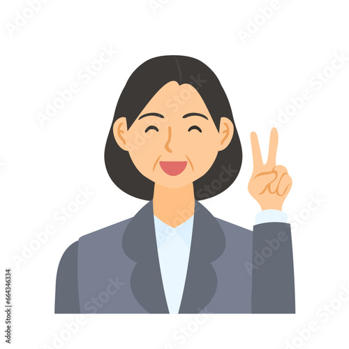 ピースサインをする中年女性会社員。フラットなベクターイラスト。
A middle-aged female office worker making a peace sign. Flat designed vector illustration.