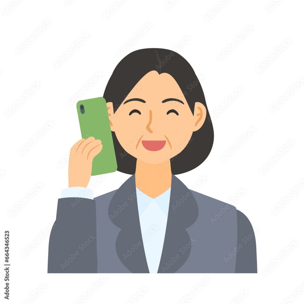 スマートフォンで電話する中年女性会社員。フラットなベクターイラスト。 A middle-aged female office worker making a phone call on a smartphone. Flat designed vector illustration.