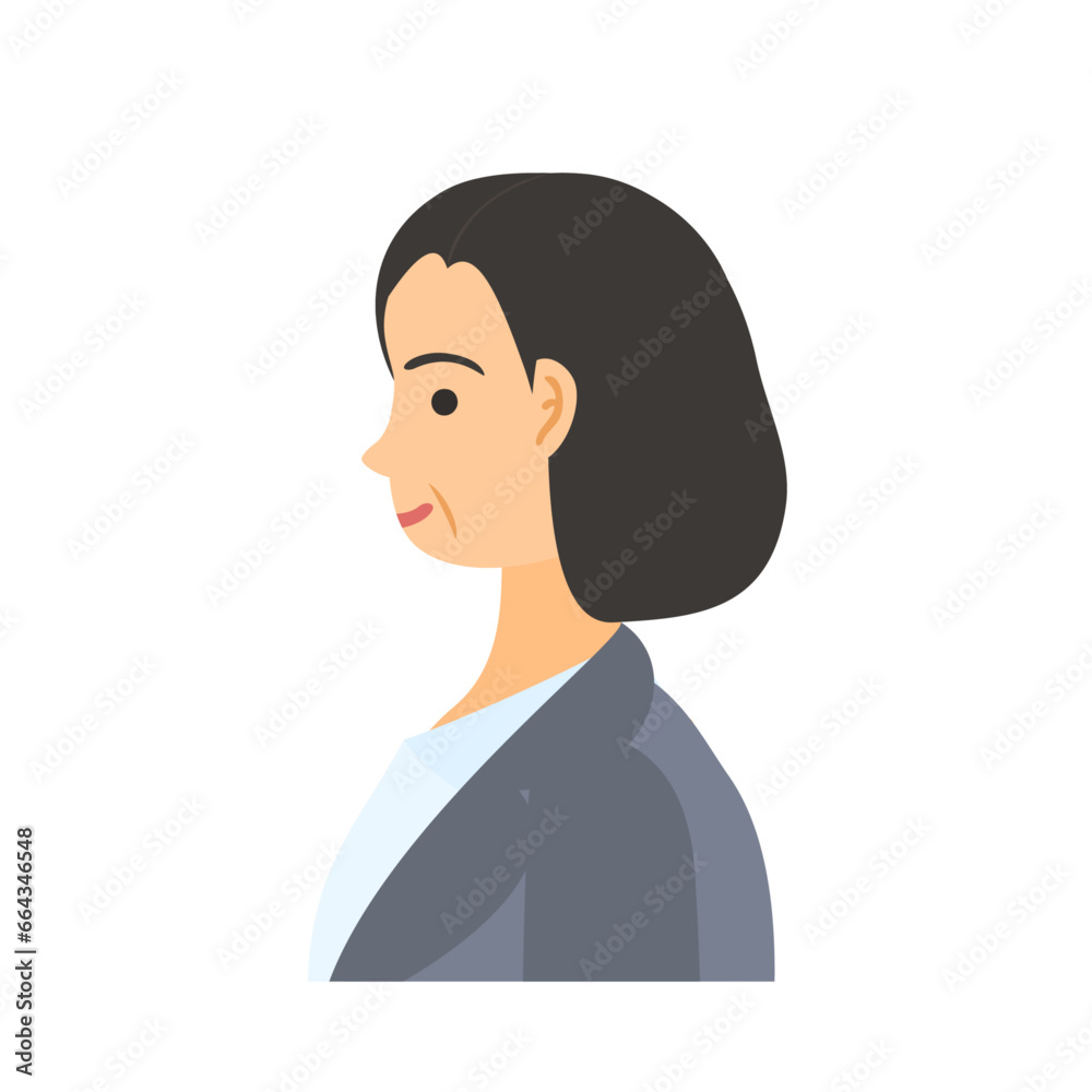 中年女性会社員の横顔。フラットなベクターイラスト。 A middle-aged female office worker's profile view. Flat designed vector illustration. 中年女性会社員の横顔。フラットなベクターイラスト。 A middle-aged female office worker's profile view. Flat designed vector illustration.