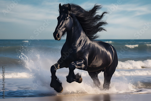 Black horse galloping through the sand on the beach