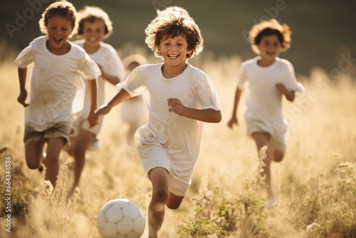 Cute little children playing football outdoors, happy and smile.