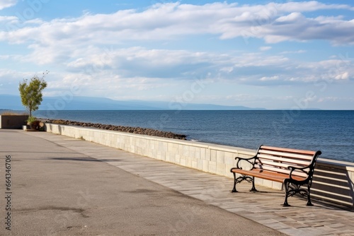 a promenade by the sea, with a bench and a bicycle