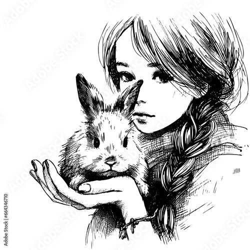 little girl holding a bunny in her arms hand drawn sketch for your design, animal protection and easter concept photo