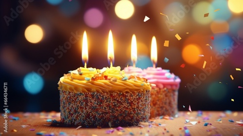 Candles on a birthday cake with a colorful background.