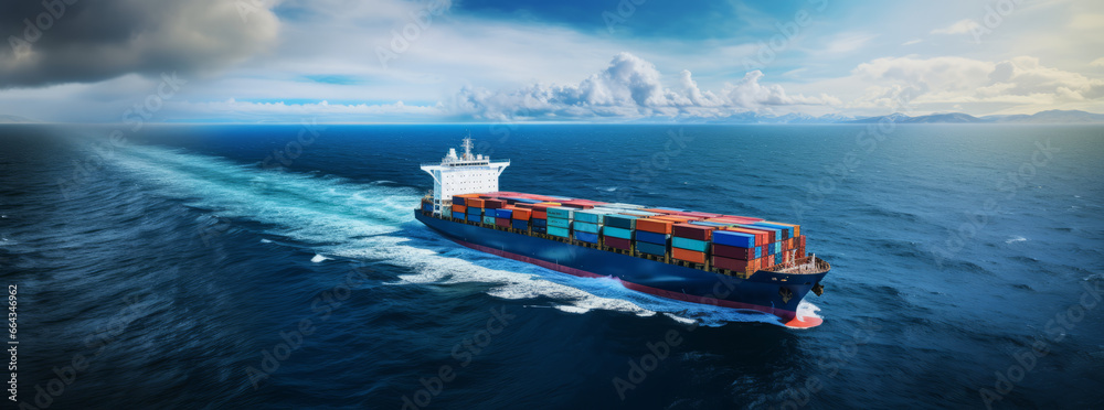 International Container Cargo ship in the ocean, Freight Transportation, Shipping, Nautical Vessel - obrazy, fototapety, plakaty 