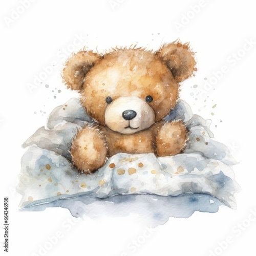 Watercolor teddy bear cuddled up in a cozy bed, single, white background. AI generated