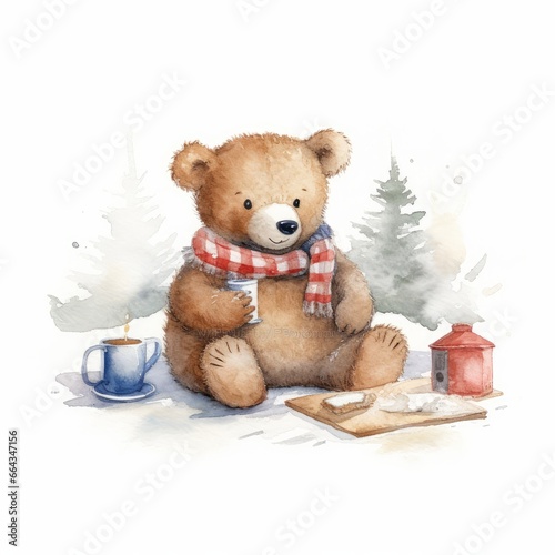 Watercolor teddy bear enjoying a winter carnival, single, white background. AI generated © PandaStockArt