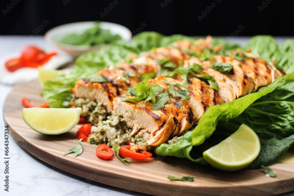 grilled salmon lettuce wraps on a glass plate